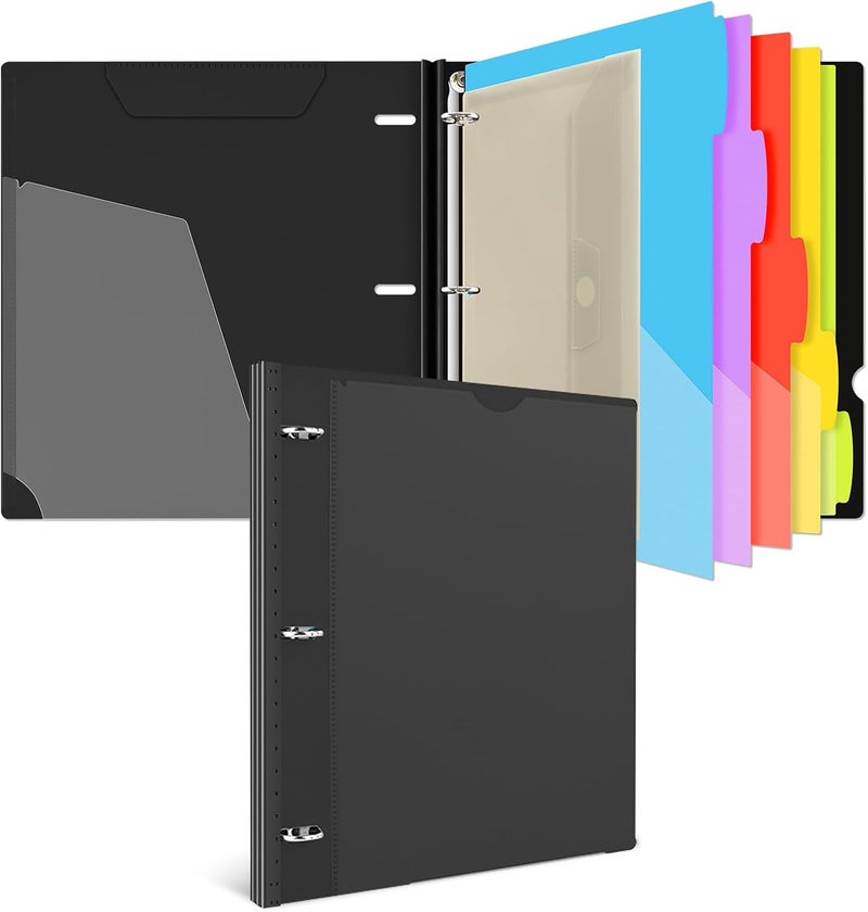INFUN 1 Inch 3-Ring Telescoping Project Organizer Binder,13 Pocket, Customizable Front Cover, 5 Colors Pocket Divider and Plastic Binder Pocket，225 Sheet Capacity-Black - Image 1
